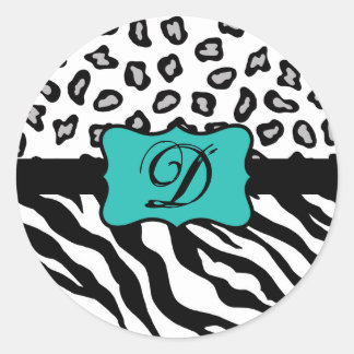 Black White Turquoise Zebra Leopard Skin Monogram Ronde Sticker