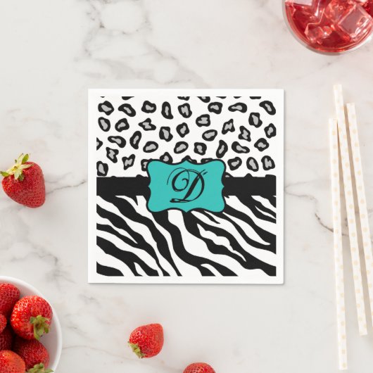 Black White Turquoise Zebra Leopard Skin Monogram Servet (Insitu)