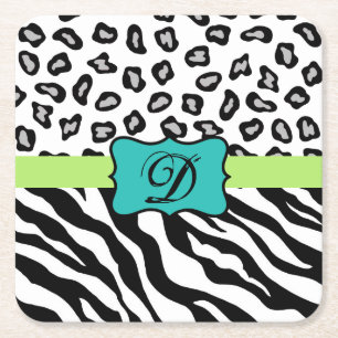 Black White Turquoise Zebra Leopard Skin Monogram Vierkante Kartonnen Onderzetter