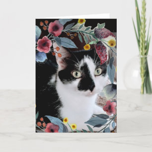 Black White Tuxedo Cat Foto met bloemen Kaart
