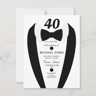 Black white Tuxedo Mannen 40th Birthday Party Invi Kaart