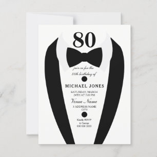 Black white Tuxedo Mannen 80th Birthday Party Invi Kaart