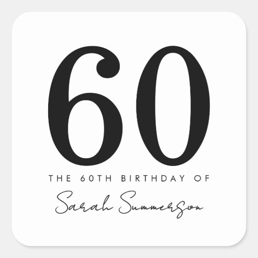Black White Typography Sixty 60th Birthday Vierkante Sticker (Voorkant)