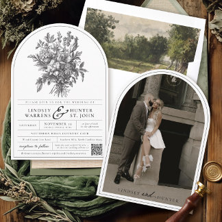 Black & White Vintage Floral Photo Arch Wedding Kaart