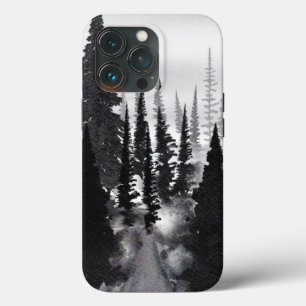 Black White Waterverf Foggy Forest iPhone 13 Pro Hoesje