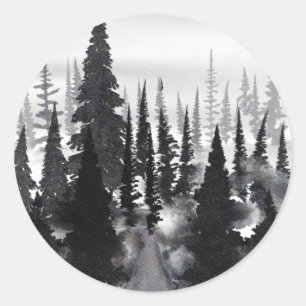 Black White Waterverf Foggy Forest Ronde Sticker