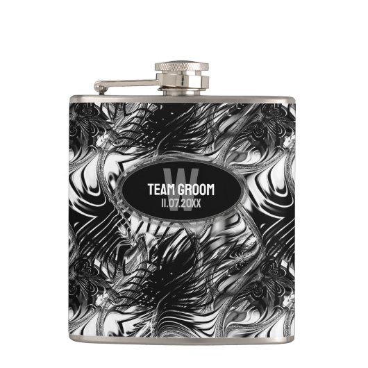 Black White Wavy Pattern Groomsmen Gift Heupfles (Voorkant)