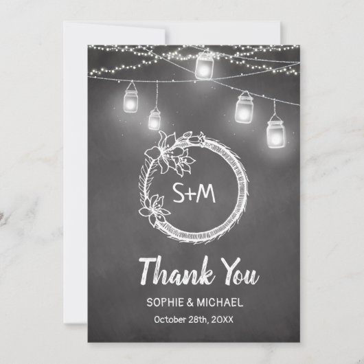 Black White Wedding Chalkboard String Lights Bedankkaart (Voorkant)