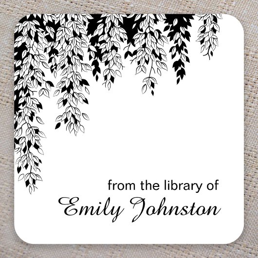 Black White Weeping Birch Tree Branch Bookplate Vierkante Sticker