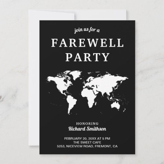 Black White Wereldkaart Farewell Party Invitation Kaart (Voorkant)