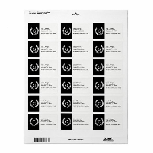 Black White Wheat Laurel WreatInitiaal Monogram Etiket (Full Sheet)