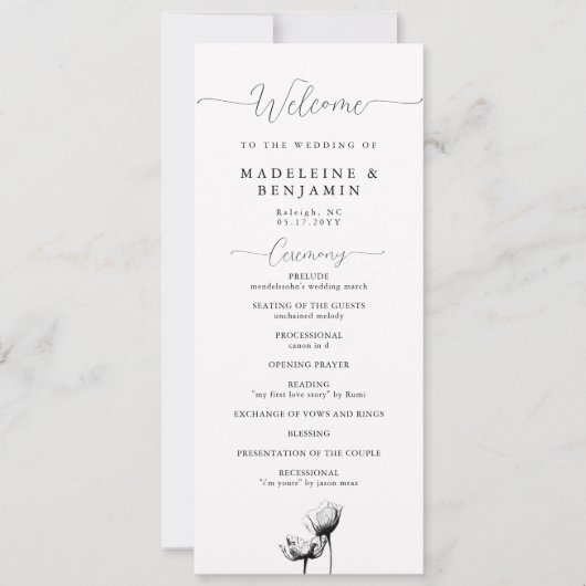 Black White Wild Poppies Élégant programme de mari (Devant)