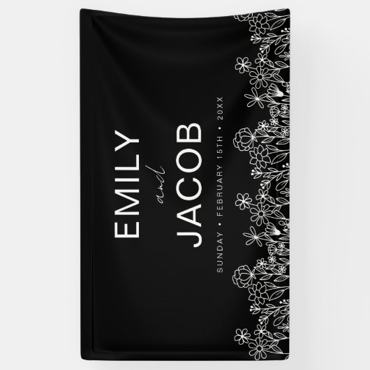 Black White Wildflower Boho Weddenschap in Bloom Spandoek (Verticaal)