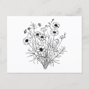 Black White Wildflower Line Art Briefkaart