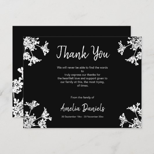 Black & White Wildflower Uitvaart Dank u kaart (Voorkant / Achterkant)