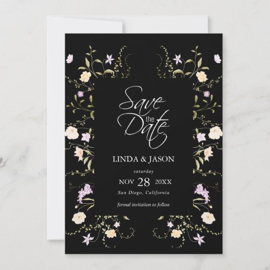 Black & White Wildflowers Wedding Bewaar de datum Kaart (Voorkant)