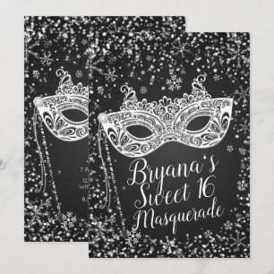 Black White Winter Wonderland Masquerade Sweet 16 Kaart