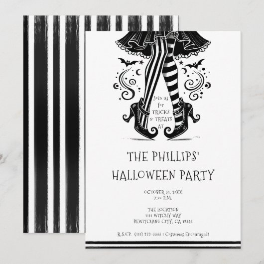 Black & White Witch Legs Whimsical Halloween Party Kaart (Voorkant / Achterkant)