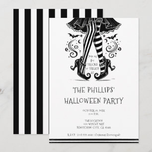 Black & White Witch Legs Whimsical Halloween Party Kaart