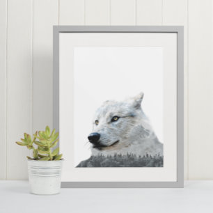 Black White Wolf Dubbele Blootstelling Modern Poster