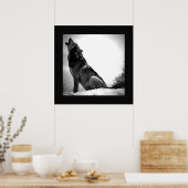 Black & White Wolf Howing at Moon Poster Imprimer (Cuisine)