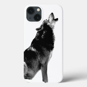 Black & White Wolf Howling bij Moon iPhone 13 Hoesje