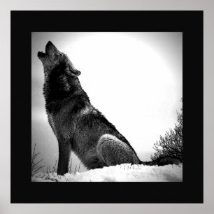 Black & White Wolf Howling op Moon Poster Print