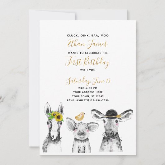 Black White Yellow Script Boerderij 1st Birthday P Kaart (Voorkant)