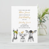 Black White Yellow Script Boerderij 1st Birthday P Kaart (Staand voorkant)