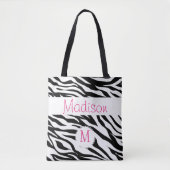 Black White Zebra Animal Print Initiaal Monogram Draagtas (Voorkant)
