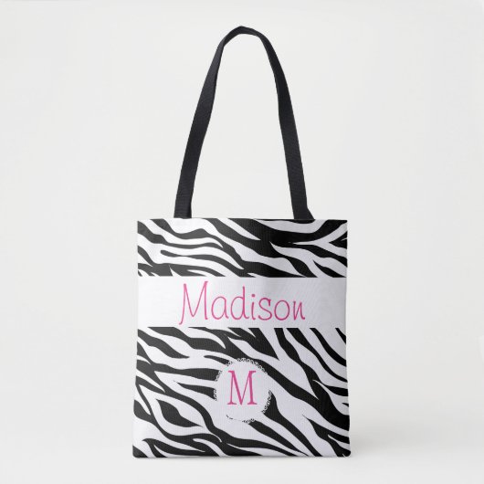 Black White Zebra Animal Print Initiaal Monogram Draagtas (Voorkant)