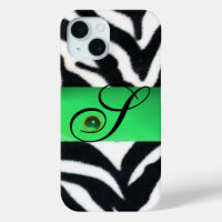 BLACK WHITE ZEBRA FUR EMERALD GREEN GEM MONOGRAM