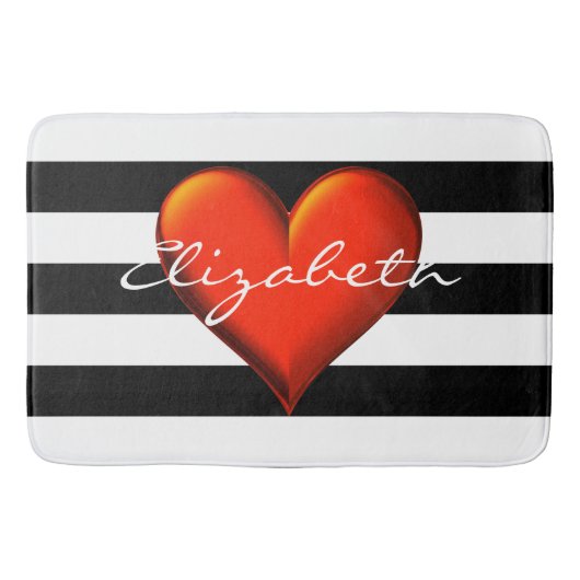 Black Whoriz Stripe Red Metallic Heart Monogram Badmat (Voorkant)