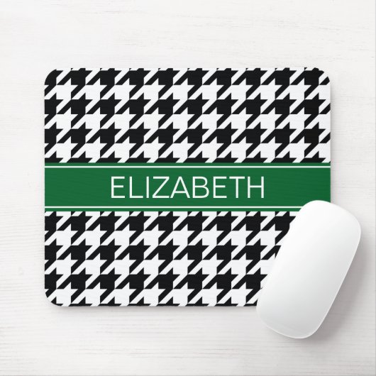 Black Whoundstooth #2 Forest Grn Name Monogram Muismat (Met muis)