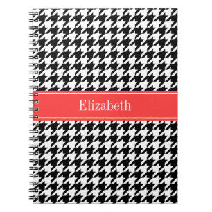 Black Whoundstooth Coral Red Name Monogram Notitieboek