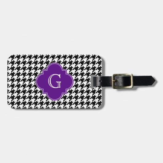 Black Whoundstooth Paars Quatrefoil Monogram Bagagelabel (Voorkant horizontaal)