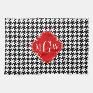 Black Whoundstooth Red Quatrefoil 3 Monogram Theedoek