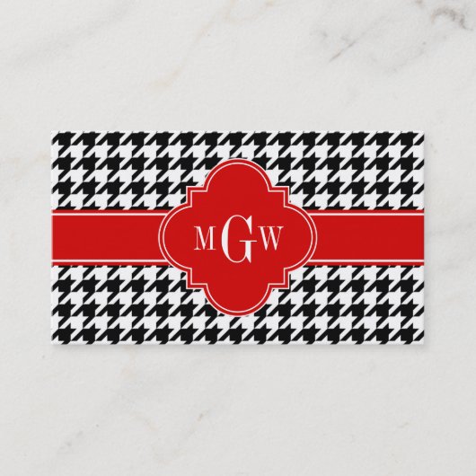Black Whoundstooth Red Quatrefoil 3 Monogram Visitekaartje (Voorkant)