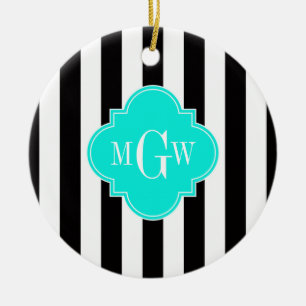 Black WhStripe Bright Aqua Quatrefoil 3 Monogram Keramisch Ornament
