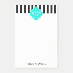 Black WhStripe Bright Aqua Quatrefoil 3 Monogram Post-it® Notes
