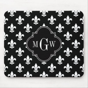 Black Wht Fleur de Lis Black 3 Initiaal monogram Muismat