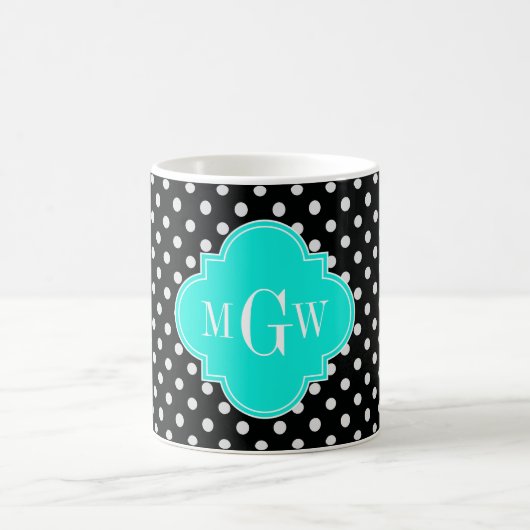 Black Wht Polka Dot Brt Aqua Quatrefoil 3 Monogram Koffiemok (Center)