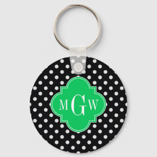 Black Wht Polka Dot Emerald Quatrefoil 3 Monogram Sleutelhanger