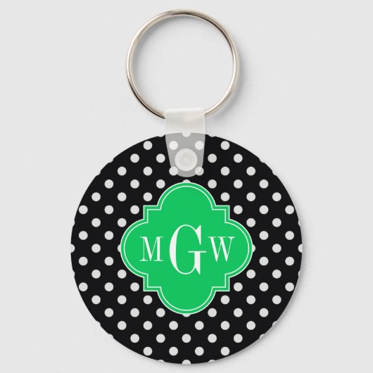 Black Wht Polka Dot Emerald Quatrefoil 3 Monogram Sleutelhanger (Voorkant)