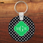 Black Wht Polka Dot Emerald Quatrefoil 3 Monogram Sleutelhanger (Voorkant)