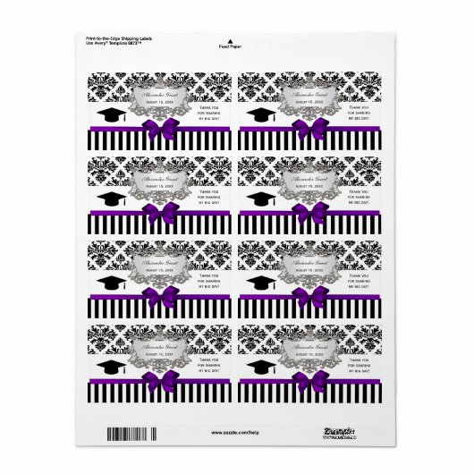 Black Wht Stripe Damask Paars Water Label Afstudee (Full Sheet)