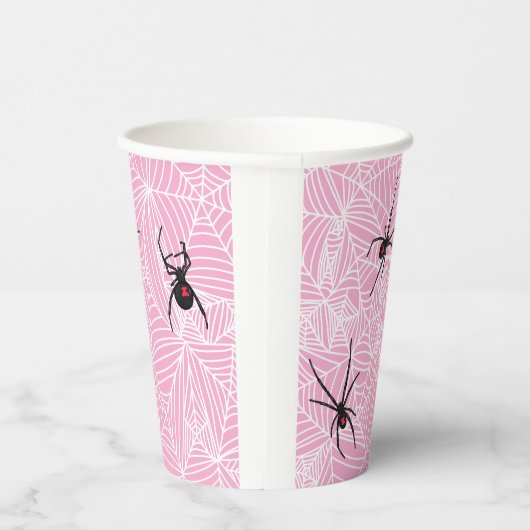 Black Widow Spider Webs Pastel Pink Papieren Bekers (Rechts)