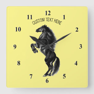 Black Wild Horse Wall Clock - Your Text / Color Vierkante Klok