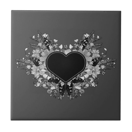 Black Wildflower Heart Tegeltje (Voorkant)