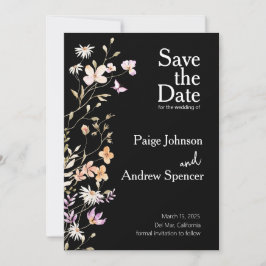 Black Wildflowers Wedding Bewaar de datum Kaart